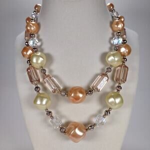 Vintage 2 Layer Peach and Yellow Beaded Gold Toned Stamped Japan Necklace